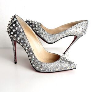 New CHRISTIAN LOUBOUTIN Nappa Mica Follies Spikes 100 Pumps Silver